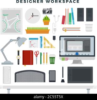 Modern creative office workspace, set. Workplace of digital designer. Office of creative worker. Vector illustration. Stock Vector