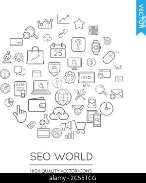 Vector Set of SEO Modern Flat Thin Icons Inscribed in Round Shape Stock Vector