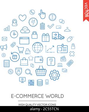 Vector Set of E-Commerce Modern Flat Thin Icons Inscribed in Round Shape Stock Vector