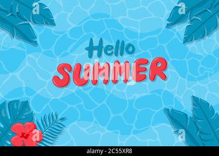 Summer background with tropical leaves and flowers on the beach. Hand drawn hello summer background. Stock Vector