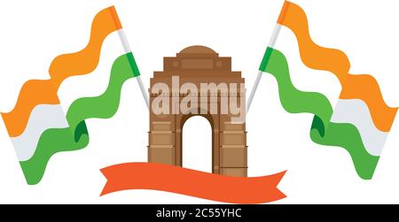 india gate, famous monument with flags of india and ribbon Stock Vector