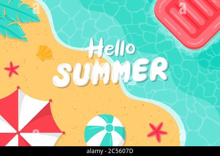 Hello summer background with beach. Summer background on the beach with umbrellas, beach balls and inflatable floating beds. Stock Vector