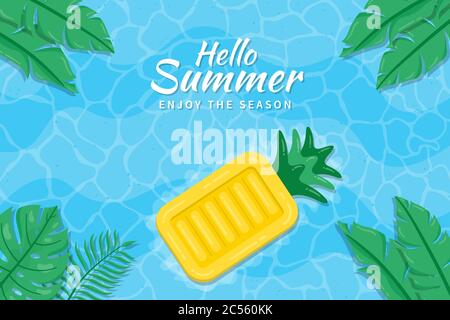 Beautiful Hello Summer background.  Summer background with tropical leaves and pineapple inflatable floating beds on the beach. Stock Vector