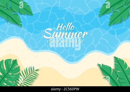 Beautiful Hello Summer background.  Summer background with tropical leaves on the beach. Stock Vector