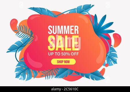 Beautiful Summer sale background. Summer banner template summer abstract geometric background with tropical leaves. Stock Vector