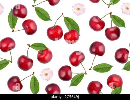 Seamless pattern with cherry berries, leafs and flower isolated on white background Stock Photo