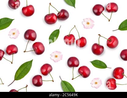 Seamless pattern with cherry berries, leafs and flower isolated on white background Stock Photo