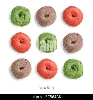 Pattern from cotton yarn skeins in different  colors isolated on white, top view Stock Photo