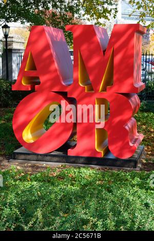 Robert Indiana’s sculpture 'Amor' (conceived 1998, executed 2006), made of polychrome aluminum. Stock Photo