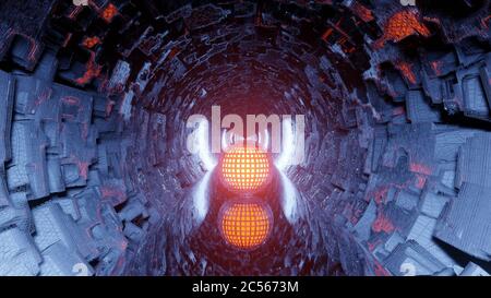 Abstract illustration of a futuristic circular tunnel with orange glowing sphere Stock Photo