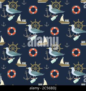 Seamless pattern with seagulls and anchors and weels. Sea nautical marine vector print for child decor or textile. Stock Vector