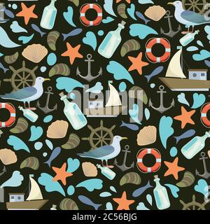Seamless pattern with seagulls and anchors and weels. Sea nautical marine vector print for child decor or textile. Stock Vector