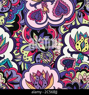 Colorful seamless pattern with plants and floral elements. Bright psychedelic background. Stock Vector