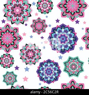 Colorful seamless pattern with plants and floral elements. Bright psychedelic background. Stock Vector