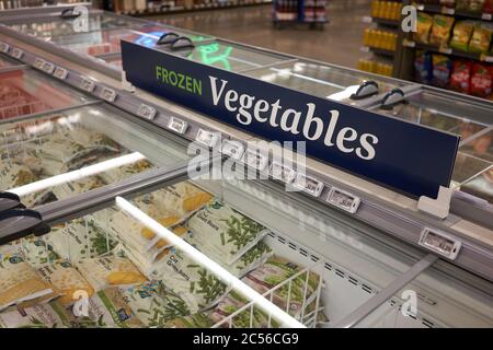 Frozen vegetables in a freezer in a Whole Foods Market 365 supermarket in Lake Oswego, Oregon, seen on June 30, 2020. Stock Photo