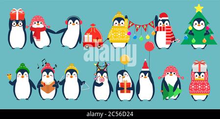 Christmas penguin characters. Penguins cartoon Vector illustration. Stock Photo