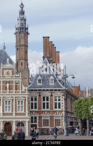 HAARLEM, NETHERLANDS - Oct 05, 2014: Central market square with richly colourful architecture of medieval city centre of the Dutch city Haarlem with p Stock Photo