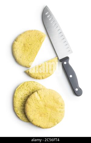 Indian pita bread and knife isolated on white background. Stock Photo