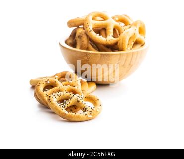Crispy salted pretzels isolated on white background Stock Photo