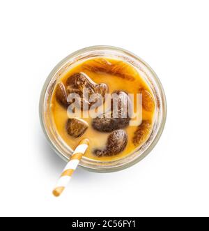 Iced coffee with coffee ice cubes isolated on white background. Stock Photo