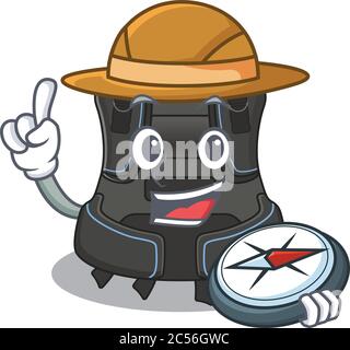 Scuba buoyancy compensator mascot design style of explorer using a compass during the journey Stock Vector