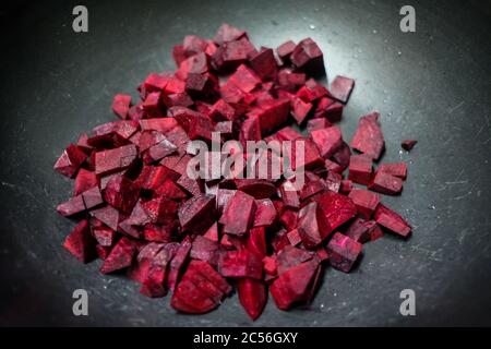 Closeup shot of diced beetroot on a pan Stock Photo