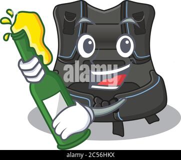 A caricature design style of scuba buoyancy compensator cheers with a bottle of wine Stock Vector