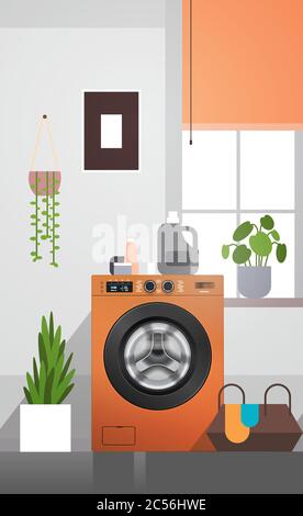 interior of laundry room with washing machine electric washer home appliance concept vertical vector illustration Stock Vector