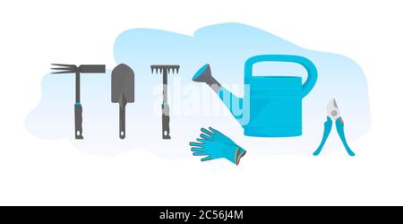 set different gardening tools various garden equipment rakes and shovel watering can pruners and gloves isolated horizontal vector illustration Stock Vector