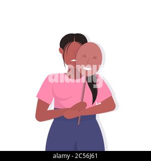 depressed woman holding positive mask african american girl covering face emotions behind mask fake feeling depression mental disorder concept portrait vector illustration Stock Vector