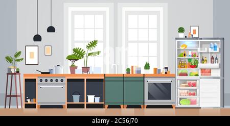 modern kitchen interior empty nobody apartment with open fridge full of fresh food home appliances concept horizontal horizontal vector illustration Stock Vector