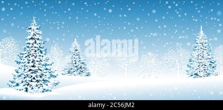 Winter landscape. Snow-covered forest, spruce trees and trees covered with snow. Snow, snowflakes. Winter scene. Stock Vector
