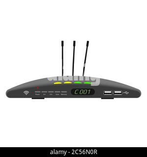 Futuristic wireless satellite receiver with display and three antennas isolated on white. Gray case with USB ports and control buttons. TV control.. Stock Vector