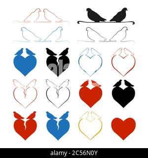 Set of hearts with pigeons sitting on them. The concept of a broken heart and strong love. Multi-colored silhouettes of hearts. Vector EPS 10. Stock Vector