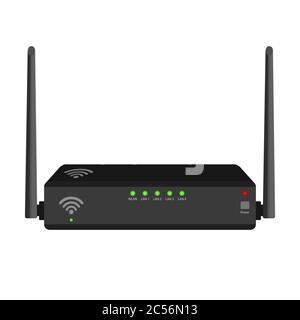 Realistic rectangular wifi router with two antennas on the sides isolated on white. Green and red diodes on a gray case. Device for wireless distribut Stock Vector