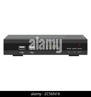Realistic tv control device isolated on white. Satellite receiver with display, USB ports and control buttons. Vector EPS 10. Stock Vector