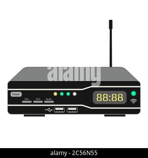 Wireless tv control device isolated on white. Satellite receiver with display and antenna. A dark case with USB ports and control buttons. EPS 10. Stock Vector