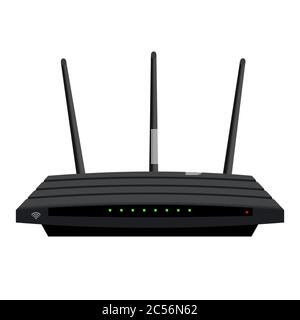 Realistic Wi-Fi router with three antennas isolated on white. Green LEDs on the black case. Device for wireless distribution of the Internet. EPS 10. Stock Vector