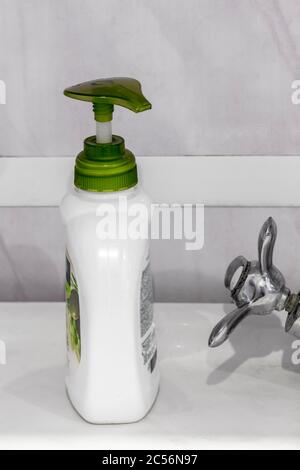 Close-up of a disinfectant in a plastic bottle. Stock Photo