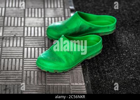 Green rubber slippers are standing on the porch of the house. Stock Photo