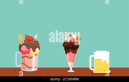 mock up illustration of beer mug and ice creams Stock Vector