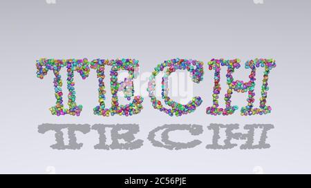 tech written in 3D illustration by colorful small objects casting shadow on a white background. abstract and technology Stock Photo