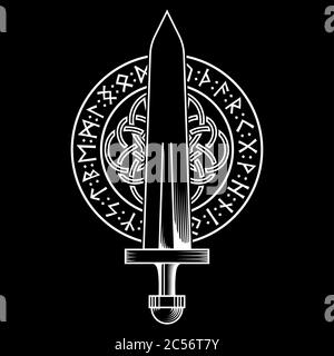 Viking design. Viking sword in a circle from Ancient Scandinavian runes and Celtic-Scandinavian pattern Stock Vector