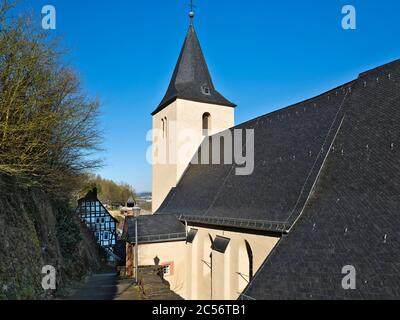 Europe, Germany, Hesse, Nassau-Dillenburg, Orange City Dillenburg, German half-timbered street, possibly parish church on Kirchberg Stock Photo