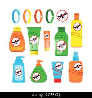 Mosquito repellent cream and spray set isolated on white background in flat style. Stock Vector