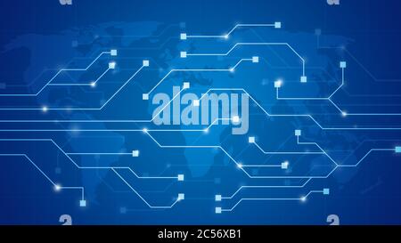 Abstract futuristic circuit board or network illustration with world map. Electronics, technology or computer concept blue background in 4k resolution Stock Photo