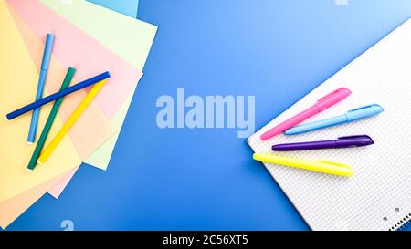 Template. Felt pens on a sheet with a place for inscription. View from above Stock Photo