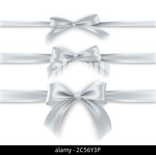 Set silver Bow and Ribbon on white background. Realistic silver bow for decoration design Holiday frame, border. Vector illustration Stock Vector