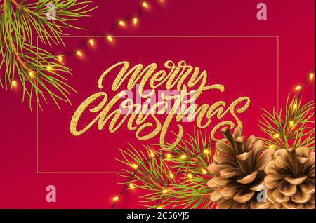 Christmas background with pine branches and cone, luminous garland and golden glitter inscription Merry Christmas. Vector illustration Stock Vector