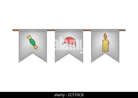 Christmas and new year flag garland. White decoration. Vector illustration. Candy, hat and candle. Stock Vector